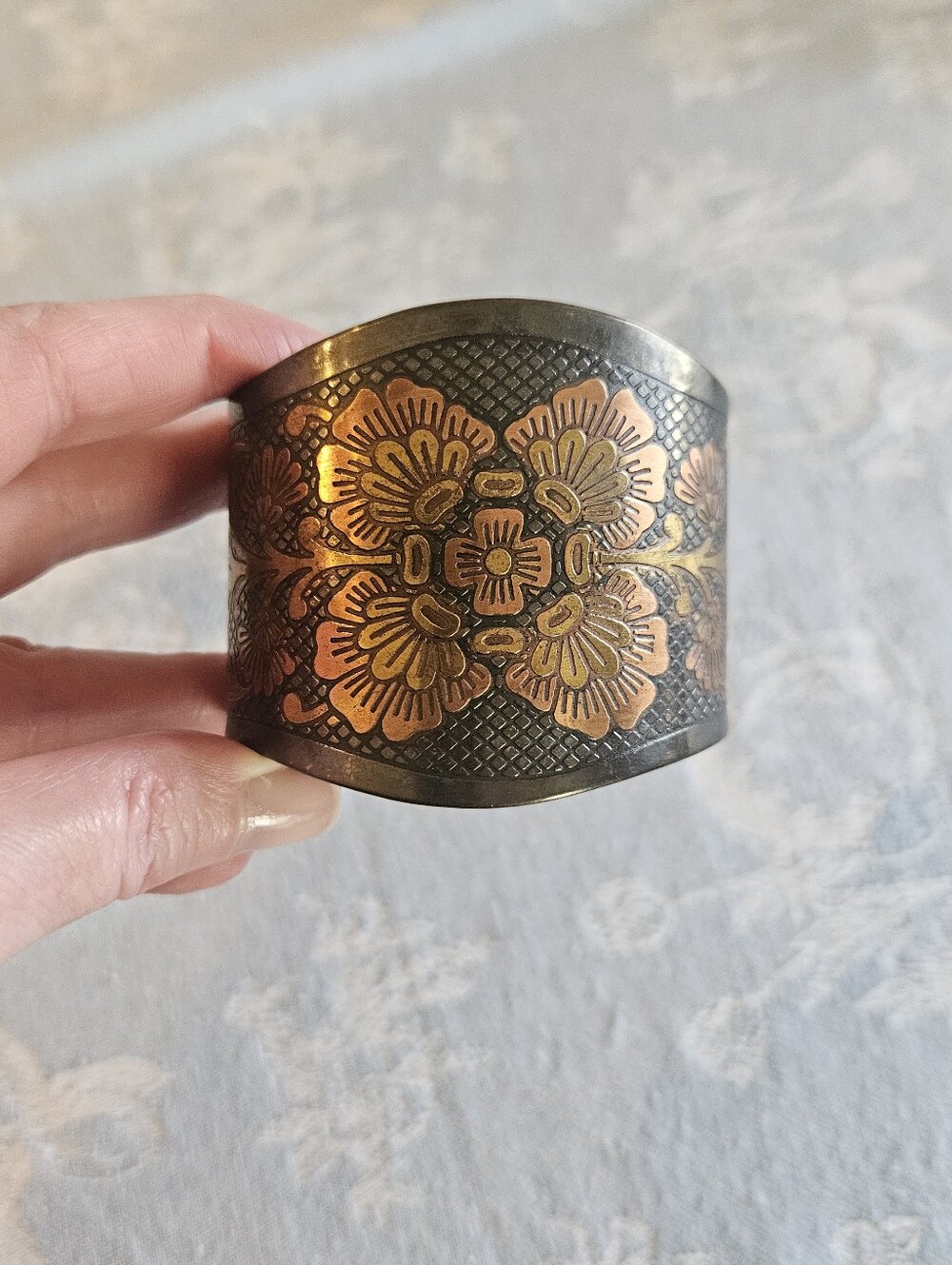 Vintage Pewter and Copper Etched Floral Bracelet Cuff